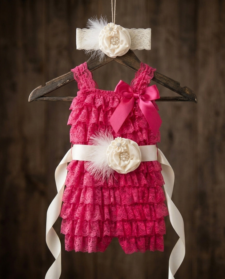 Baby Girl Vintage Lace Romper with Ivory Headband & Sash Set