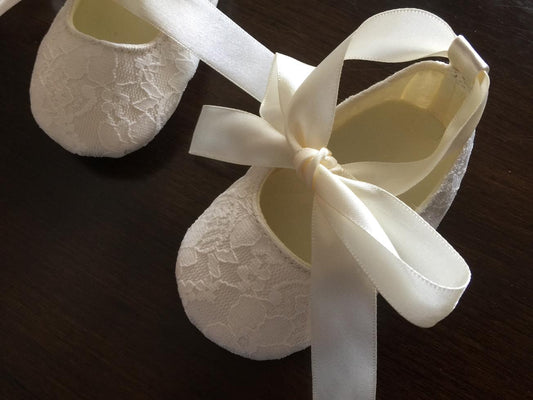 Baby Girl Ivory Baptism Shoes, Baby White Lace Baptism shoes