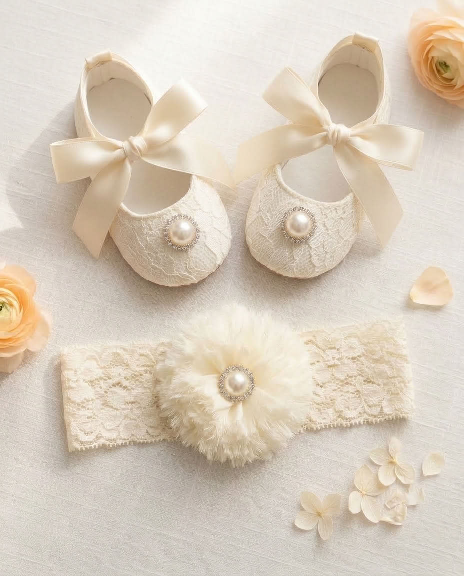 Baby Girl Ivory Baptism Shoes with Rhinestones and Flower Headband Set