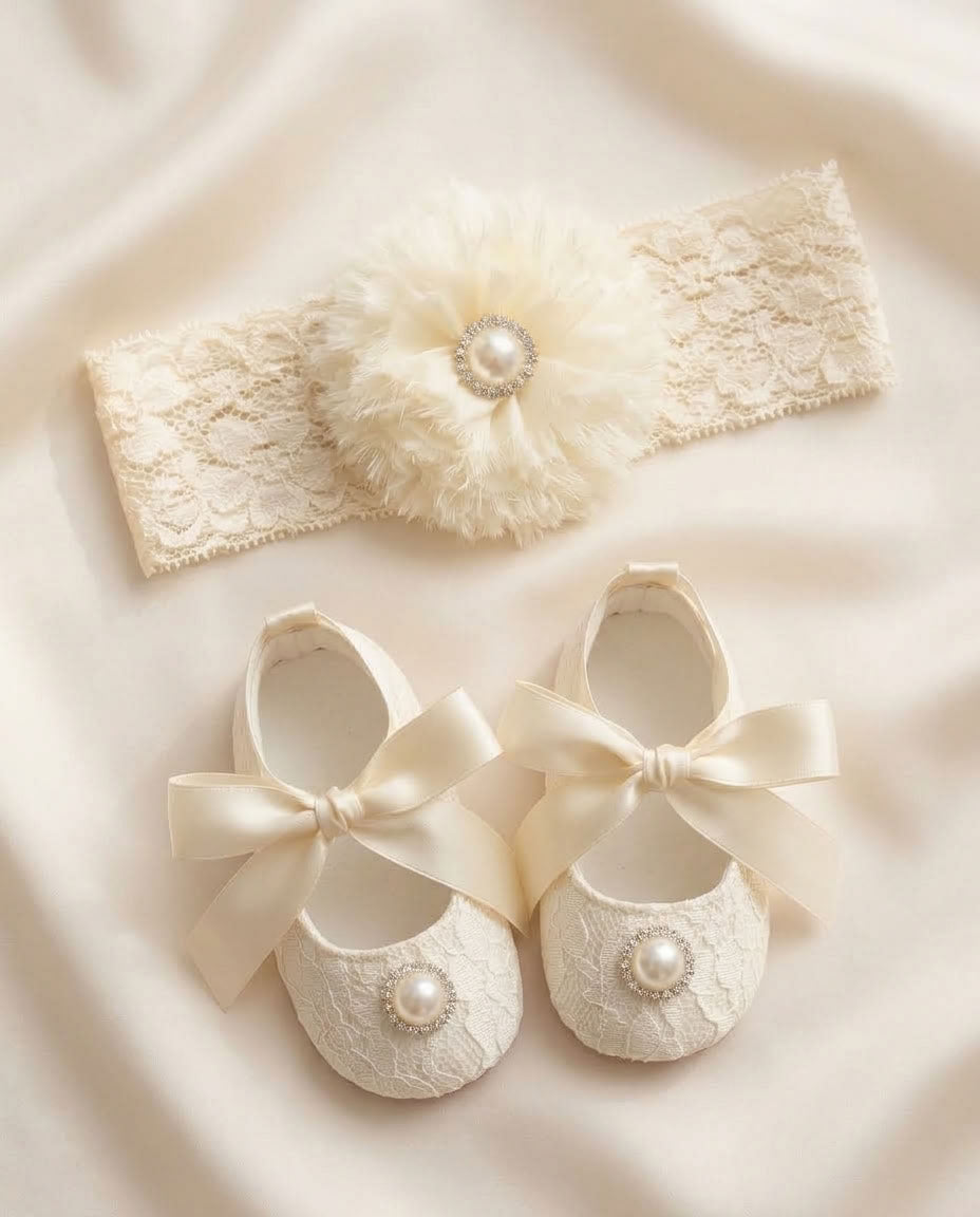 Baby Girl Ivory Baptism Shoes with Rhinestones and Flower Headband Set