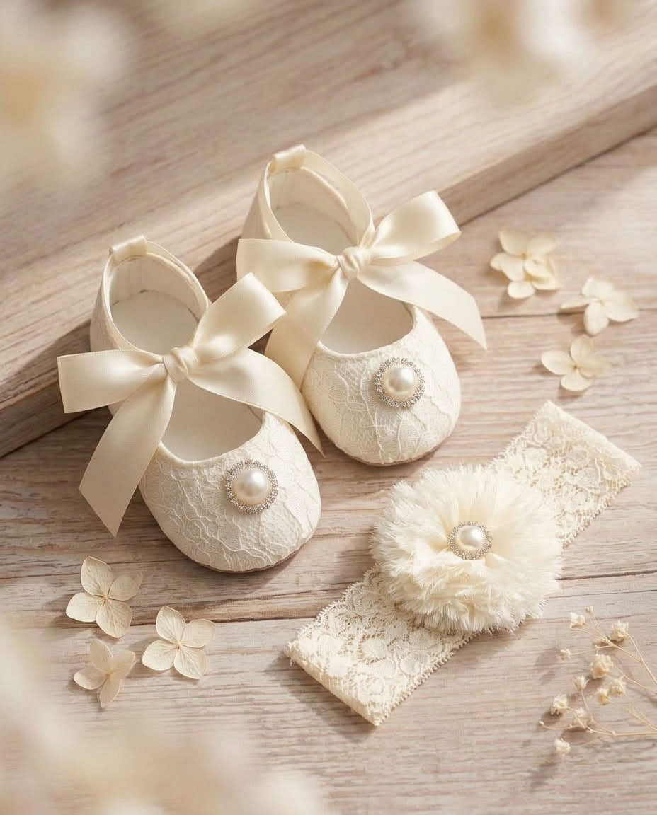 Baby Girl Ivory Baptism Shoes with Rhinestones and Flower Headband Set