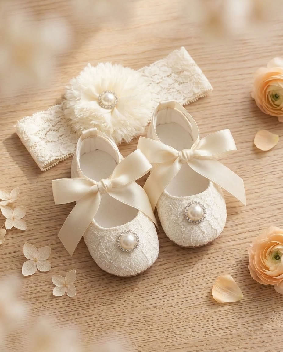 Baby Girl Ivory Baptism Shoes with Rhinestones and Flower Headband Set