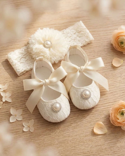 Baby Girl Ivory Baptism Shoes with Rhinestones and Flower Headband Set