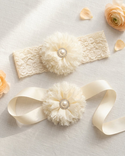 Baby Girl Ivory Flower Headband and Sash