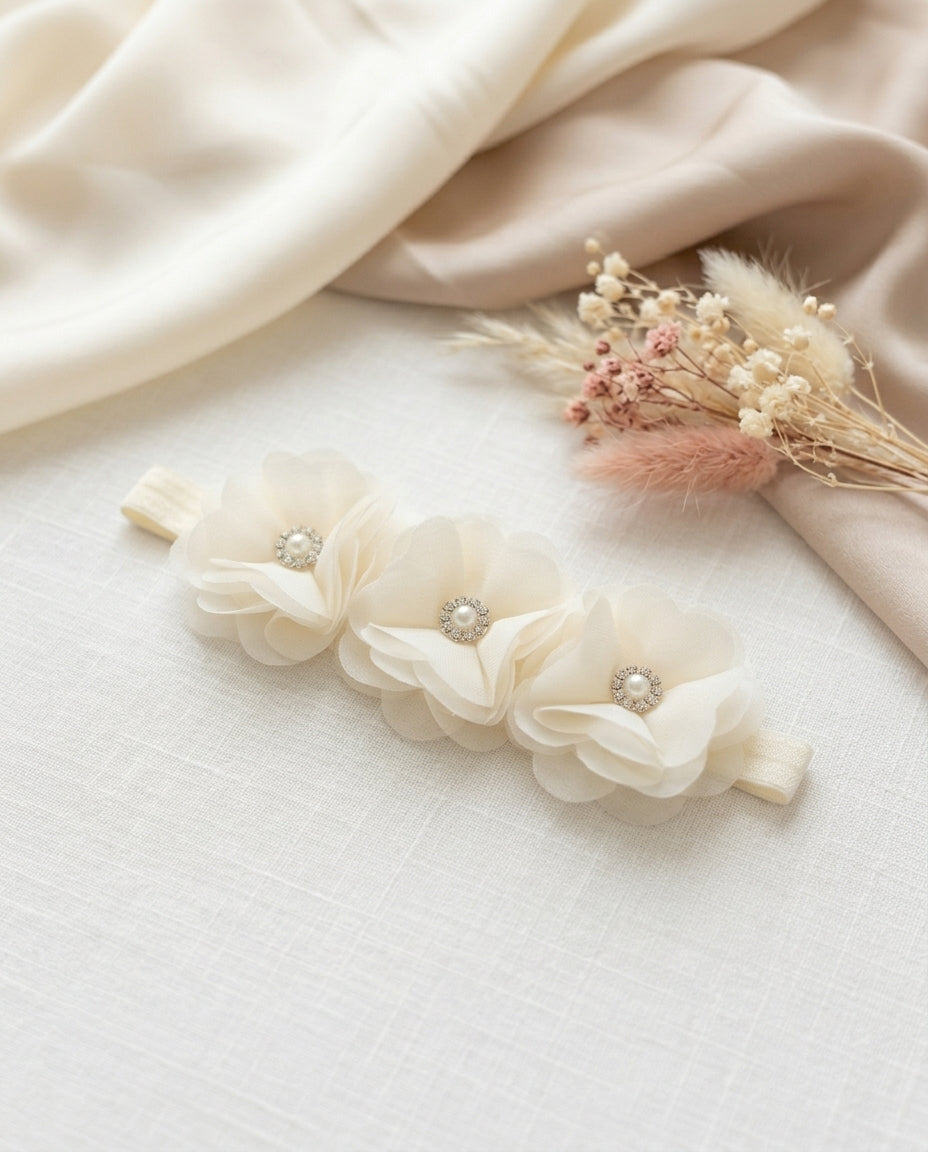 Baby Girl Ivory Flowers Baptism Headband and Sash