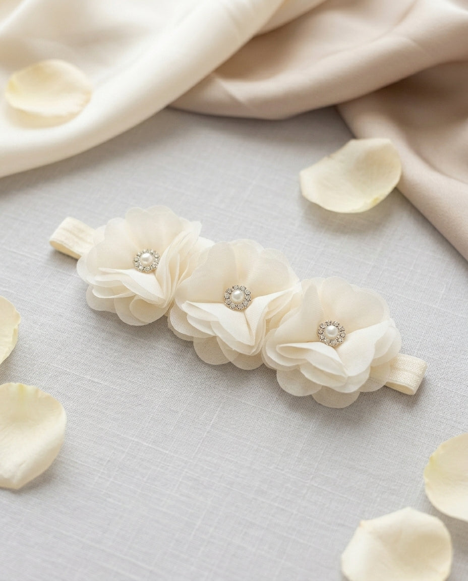 Baby Girl Ivory Flowers Baptism Headband and Sash