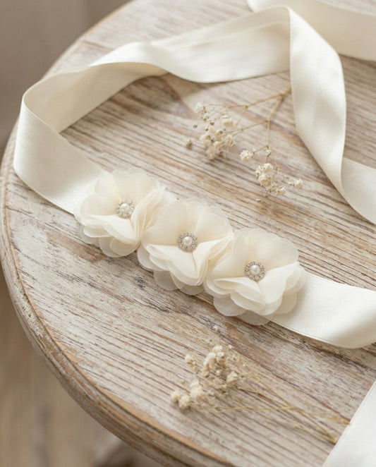 Baby Girl Ivory Flowers Baptism Headband and Sash