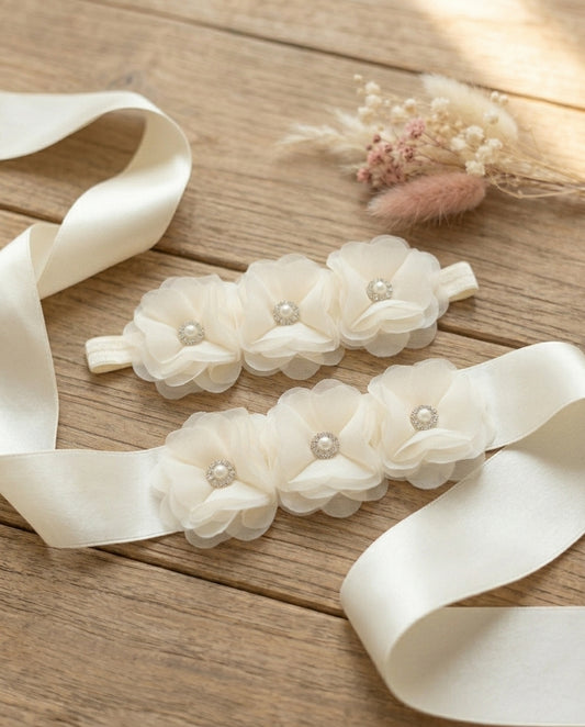 Baby Girl Ivory Flowers Baptism Headband and Sash