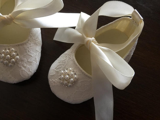 Baby Girl Ivory Lace Baptism Shoes, Pearls & Rhinestones