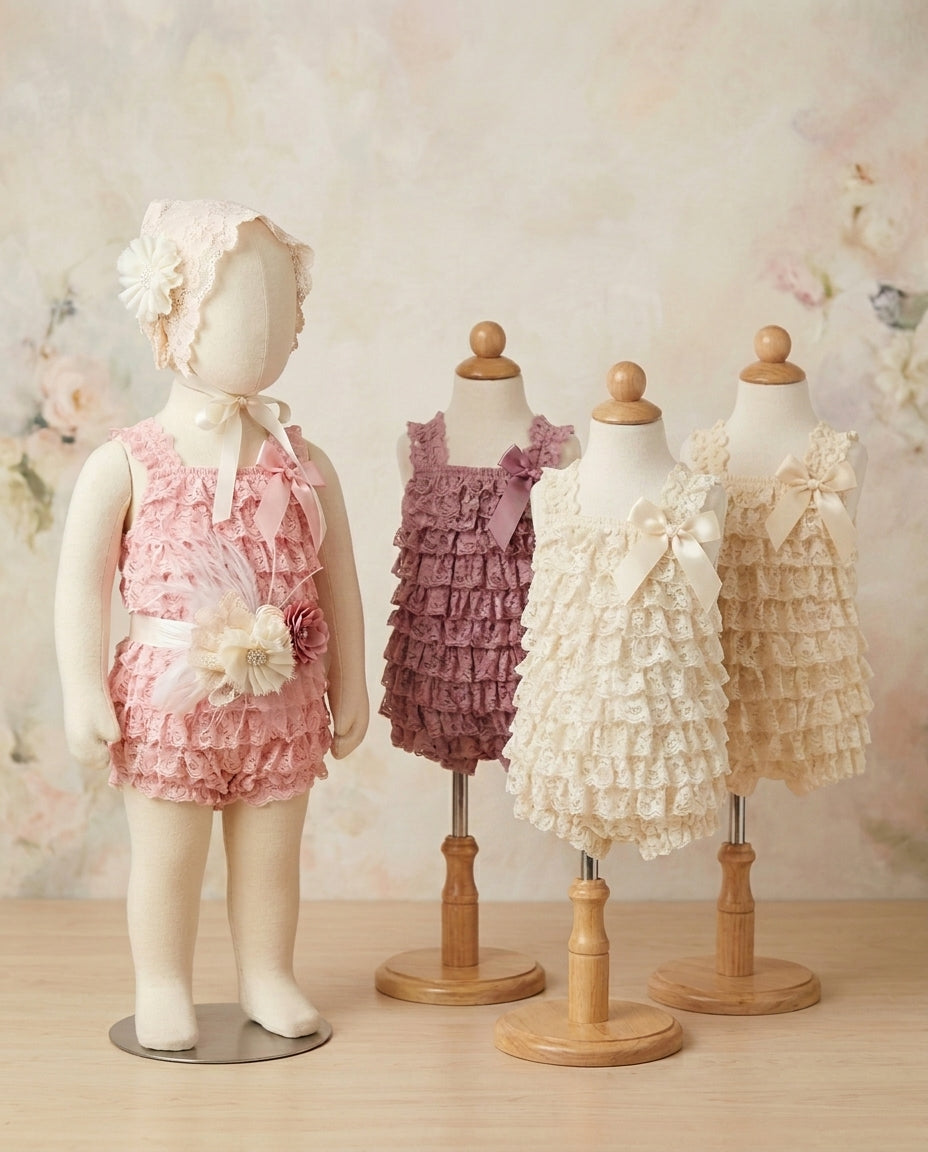 Baby Girl Lace Romper with Apricot Champagne Bonnet & Ivory Sash