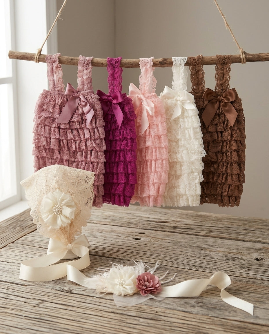 Baby Girl Lace Romper with Apricot Champagne Bonnet & Ivory Sash