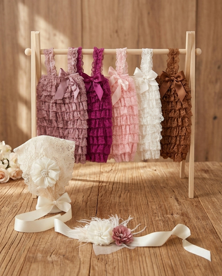 Baby Girl Lace Romper with Apricot Champagne Bonnet & Ivory Sash