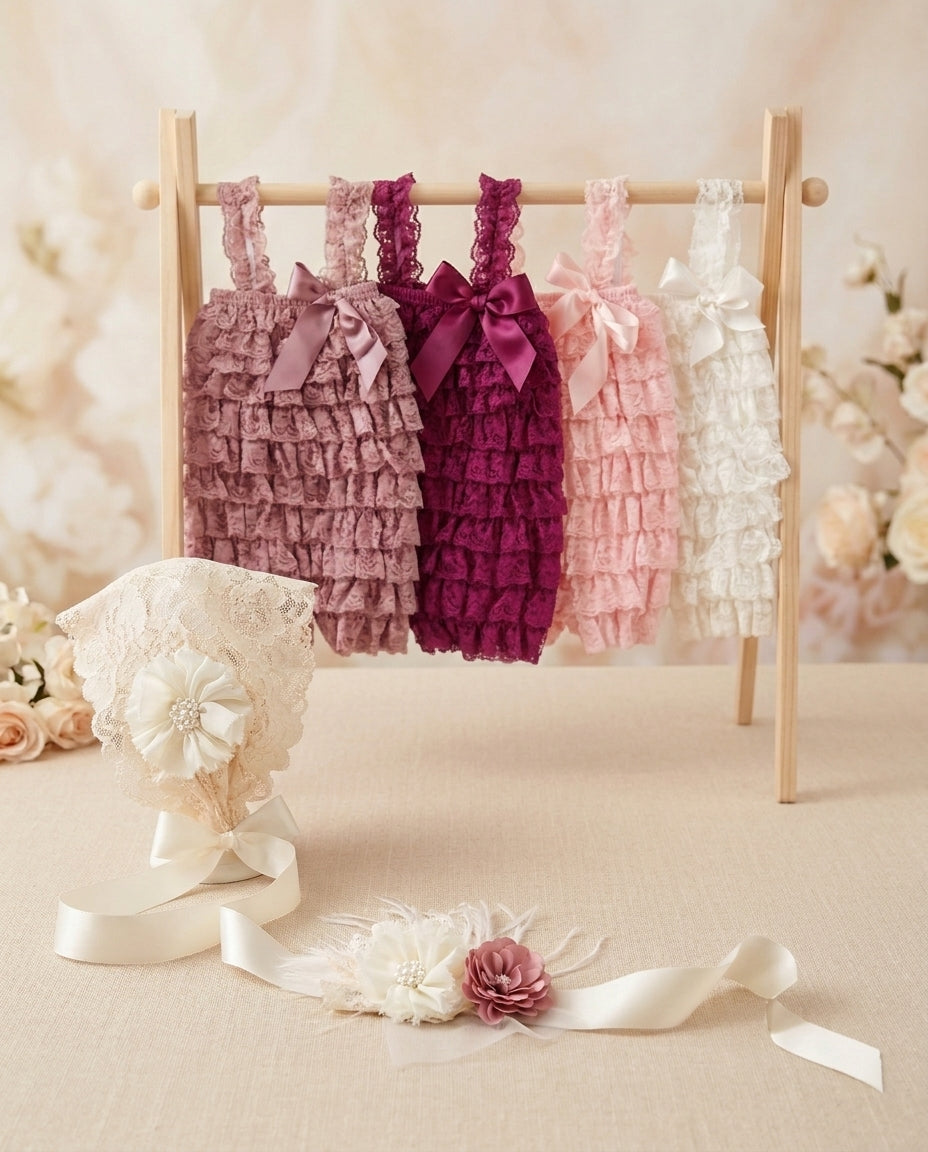 Baby Girl Lace Romper with Apricot Champagne Bonnet & Ivory Sash