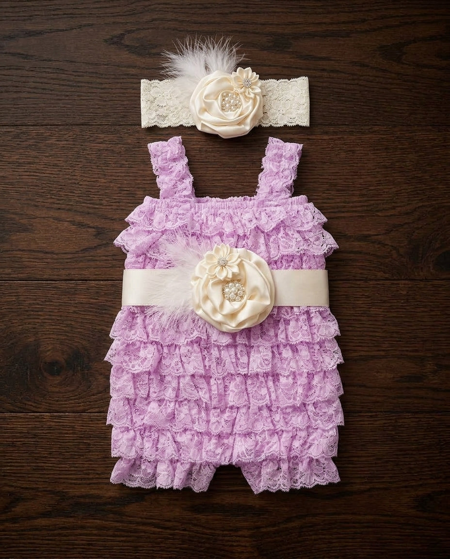 Baby Girl Vintage Lace Romper with Ivory Headband & Sash Set