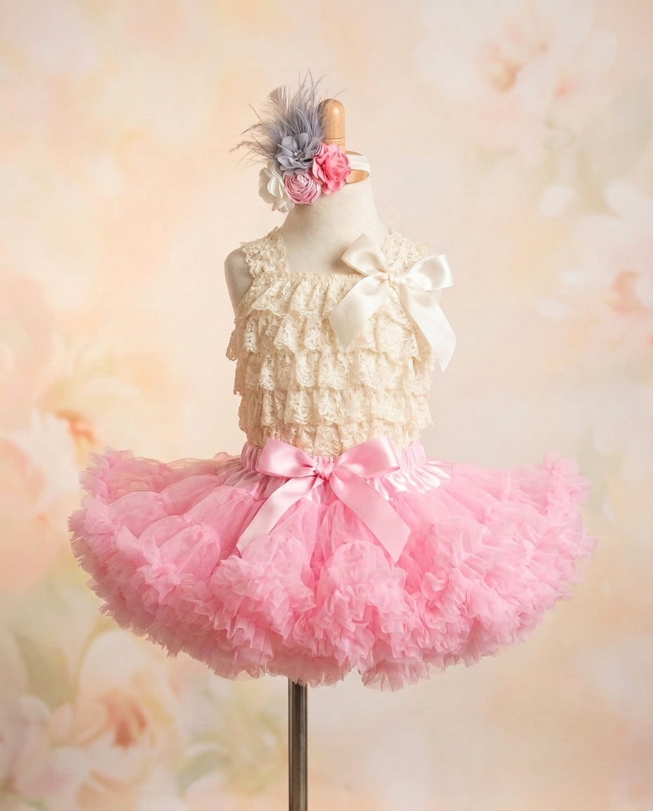 Baby Girl Pink Tutu Skirt and Ivory Lace Romper Set with Headband