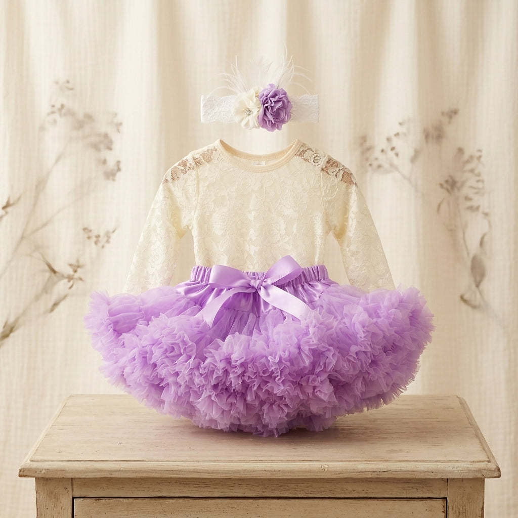 Baby Girl Smash Cake Cream and Lavender Tutu Set with Headband