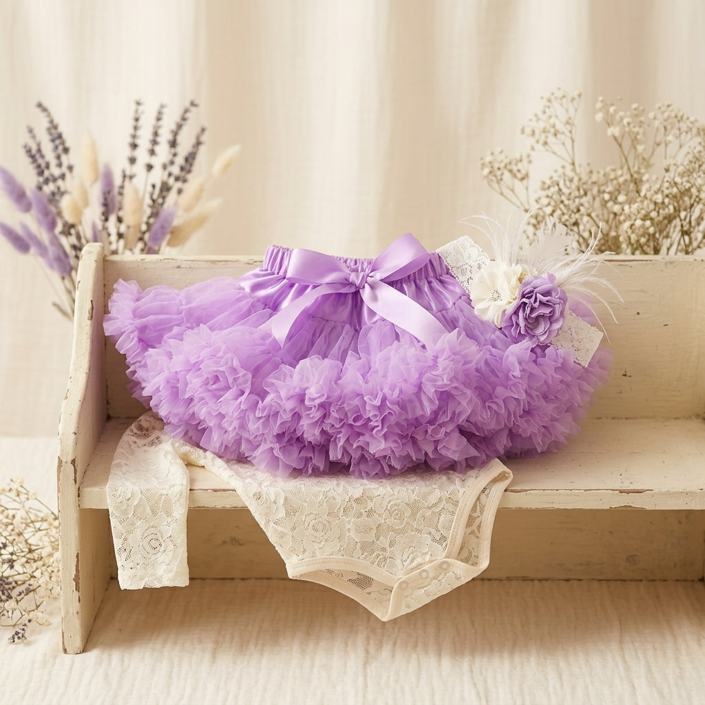Baby Girl Smash Cake Cream and Lavender Tutu Set with Headband