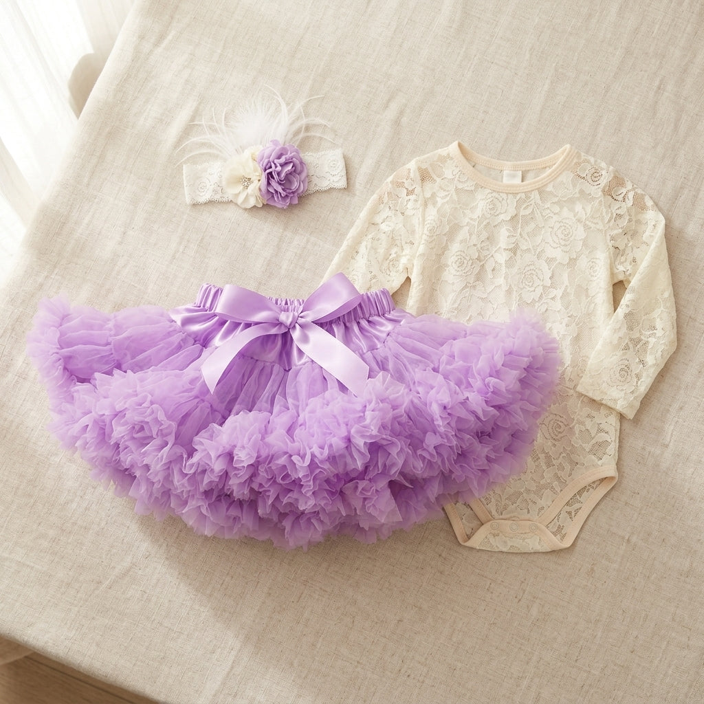 Baby Girl Smash Cake Cream and Lavender Tutu Set with Headband