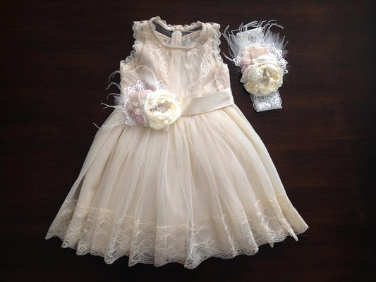Baby Girl Summer Baptism Dress with Headband and Sash