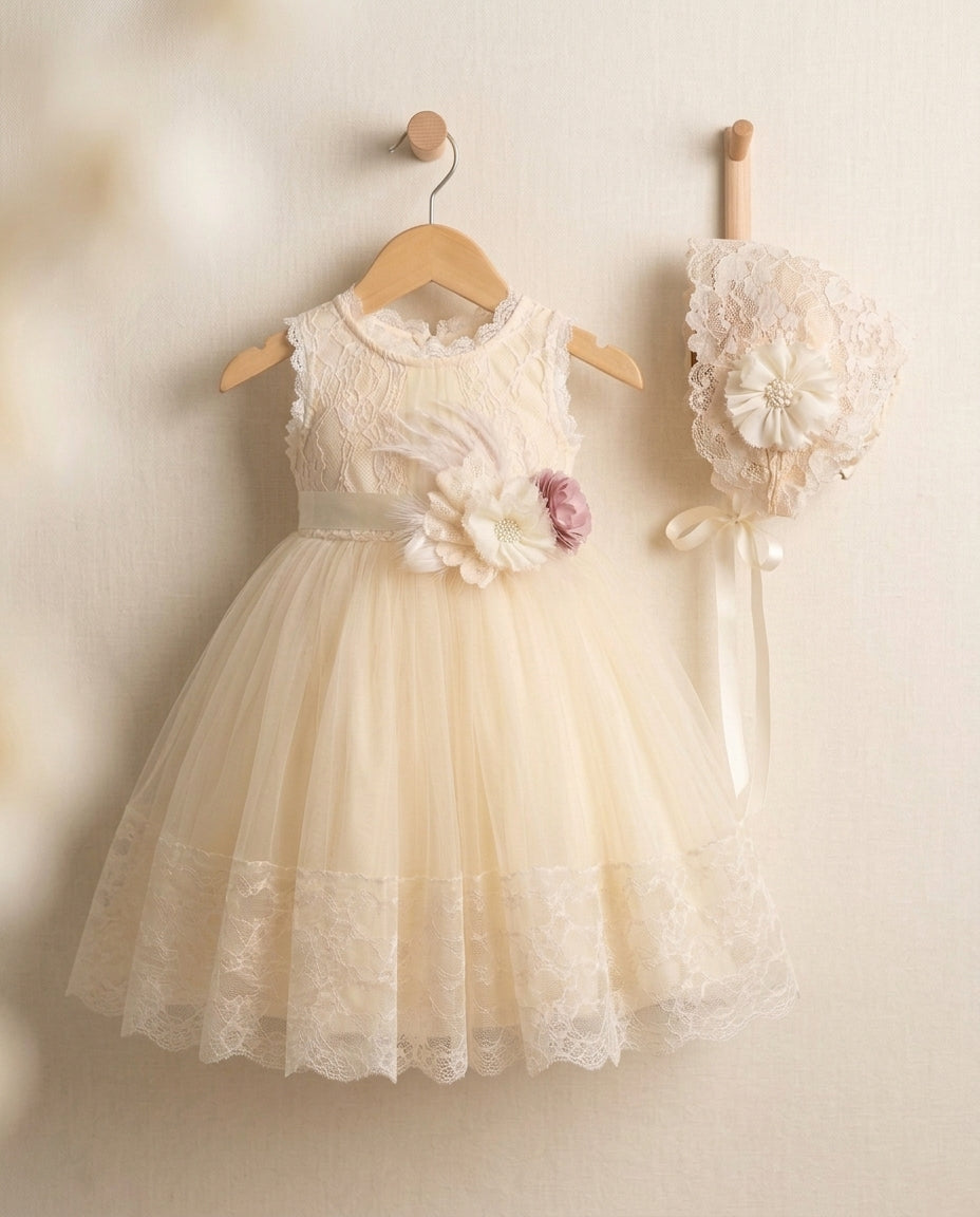 Baby Girl Summer Christening Dress with Lace Bonnet and Sash