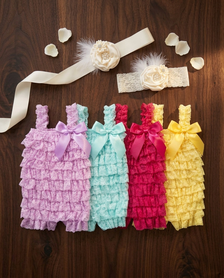 Baby Girl Vintage Lace Romper with Ivory Headband & Sash Set