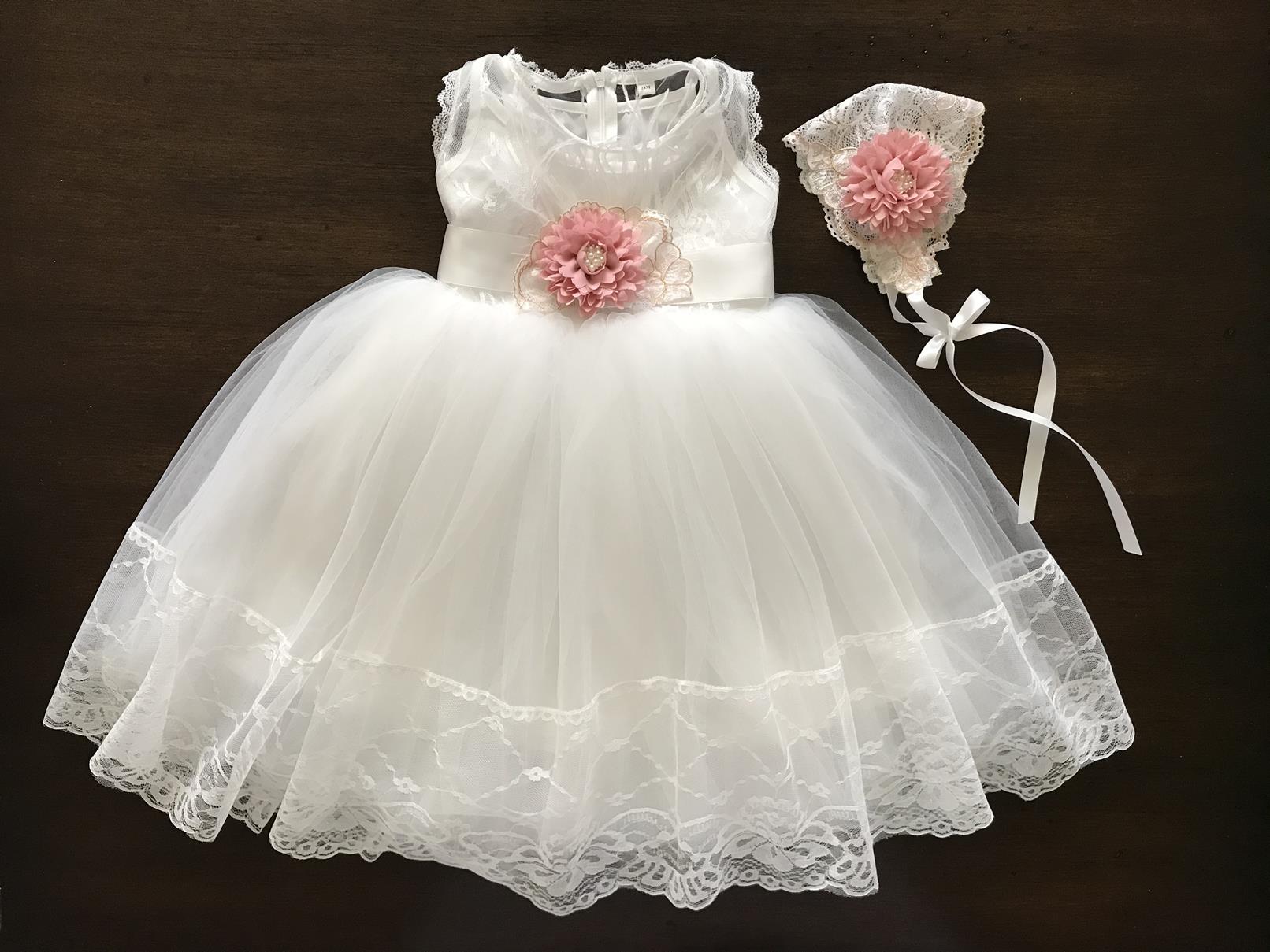 Baby Girl White French Summer Dress with Bonnet and Sash French White / Pink Blush / 9-12 months