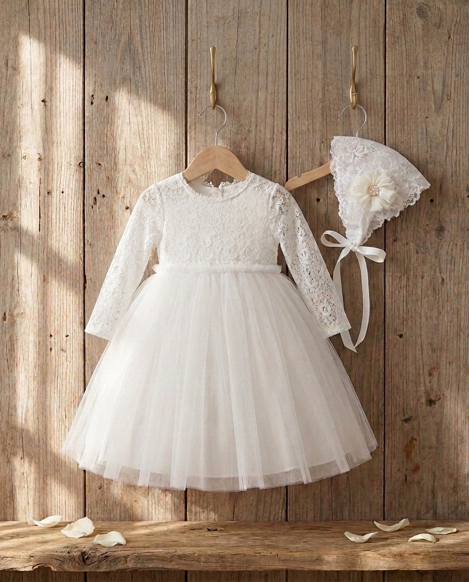 Baby Girl White Baptism Tulle Dress with Lace Bonnet
