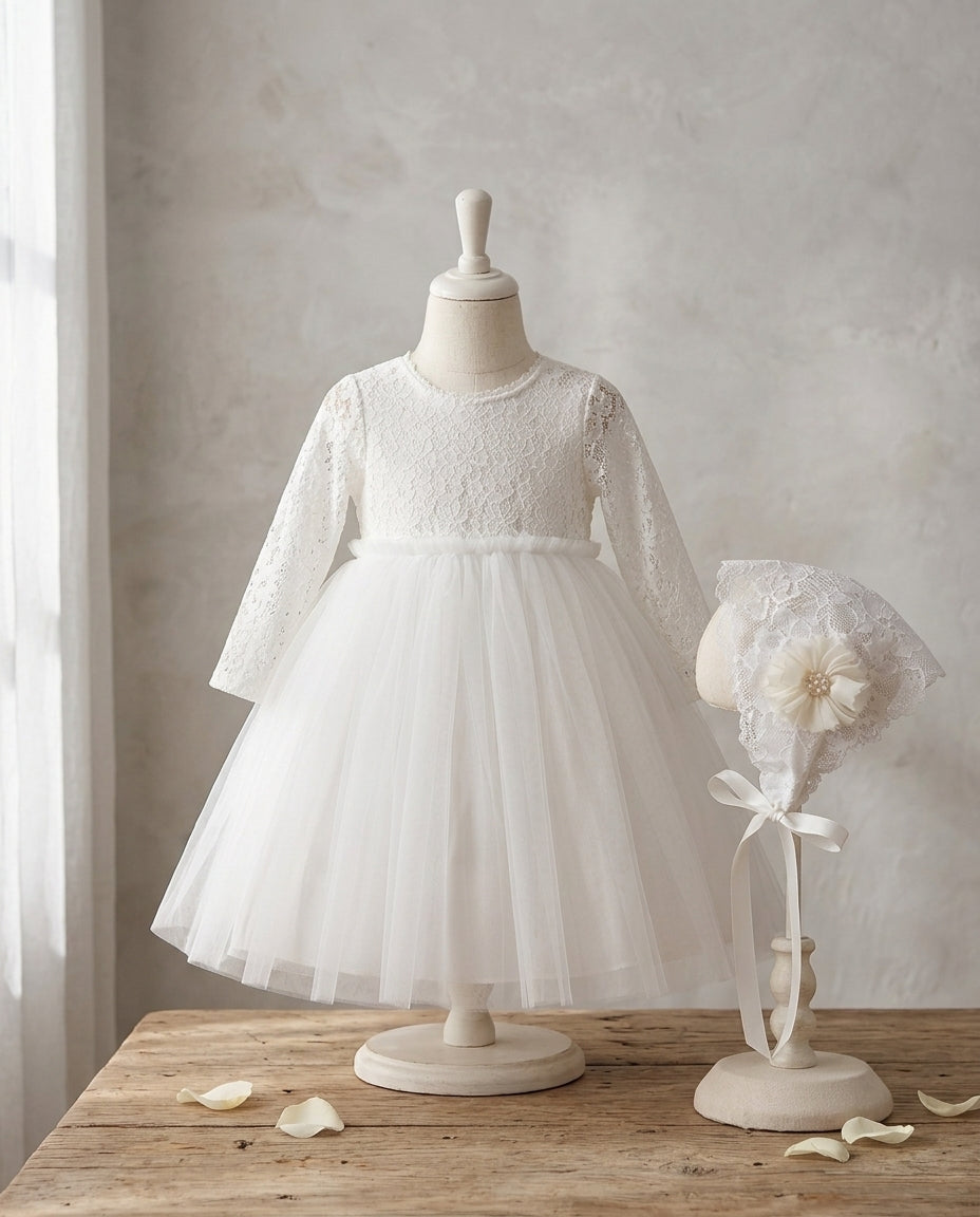 Baby Girl White Baptism Tulle Dress with Lace Bonnet