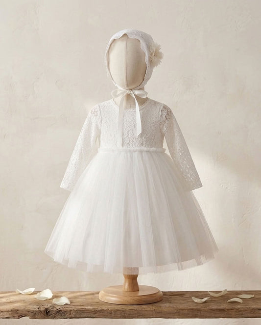Baby Girl White Baptism Tulle Dress with Lace Bonnet