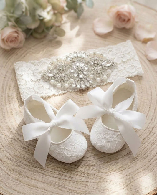Baby Girl White Christening Lace Shoes and Rhinestone Headband Set