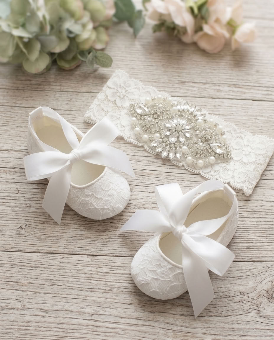 Baby Girl White Christening Lace Shoes and Rhinestone Headband Set
