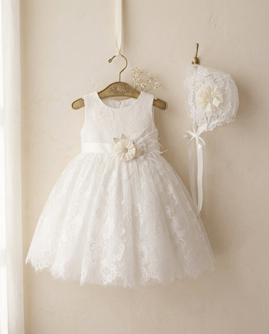 Baby Girl White Lace Baptism Dress with Lace Bonnet and Floral Sash