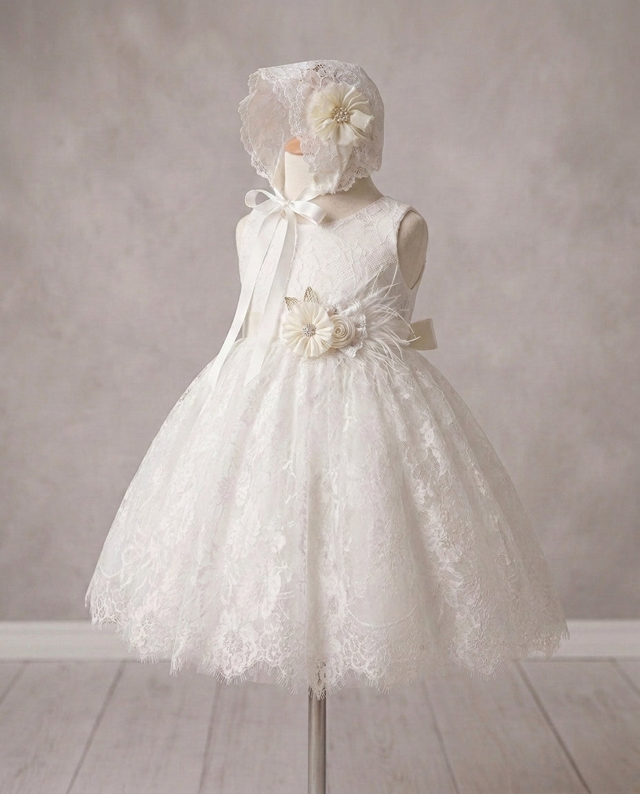 Baby Girl White Lace Baptism Dress with Lace Bonnet and Floral Sash