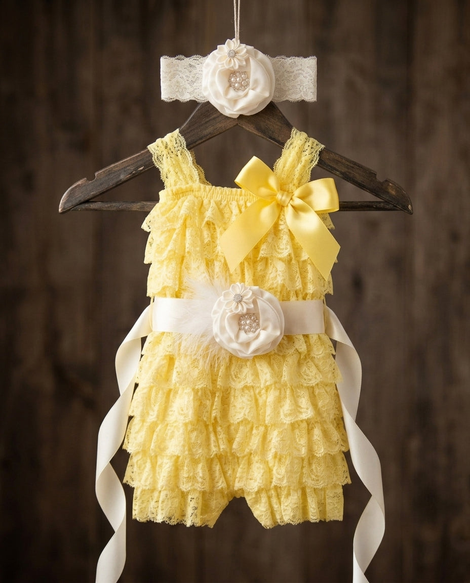 Baby Girl Vintage Lace Romper with Ivory Headband & Sash Set