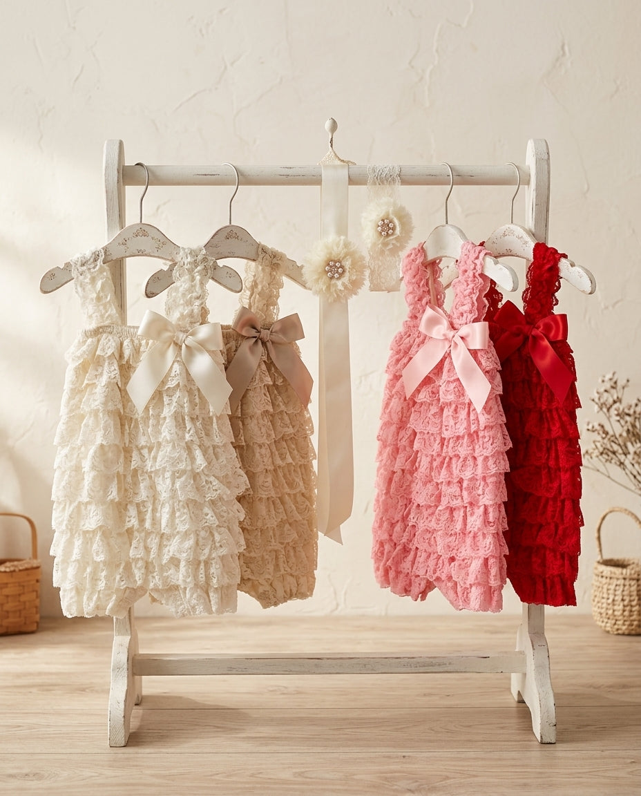 Baby Lace Romper with Ivory Headband and Sash Set