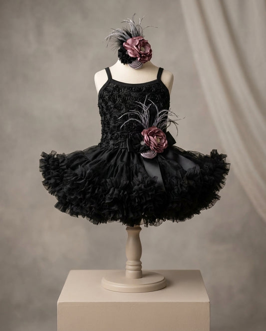 Baby Black Tutu Dress with Vintage Rose Headband and Sash