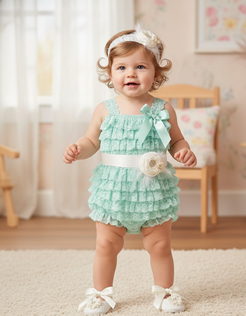 Baby Girl Vintage Lace Romper with Ivory Headband & Sash Set