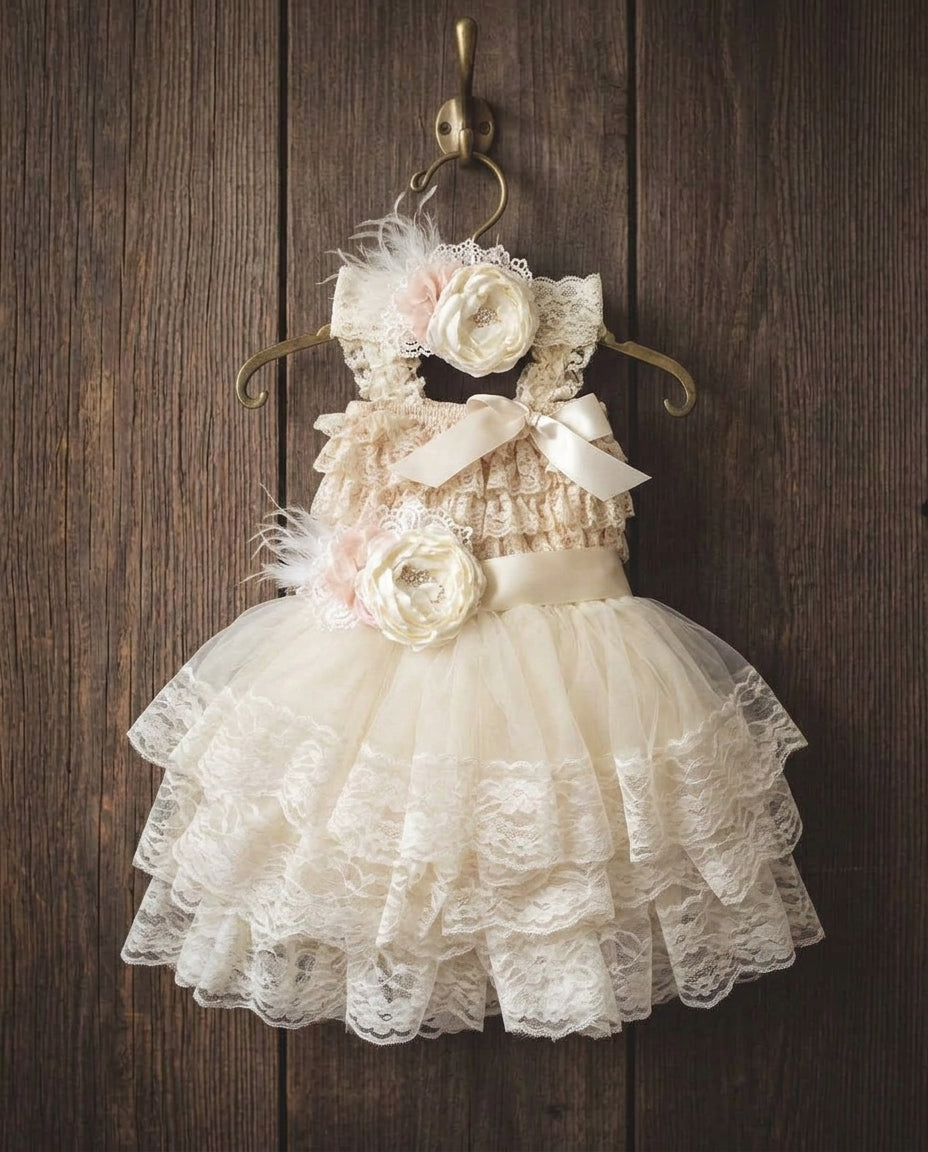 Lace Romper and Fluffy Lace Skirt with Headband & Sash Set