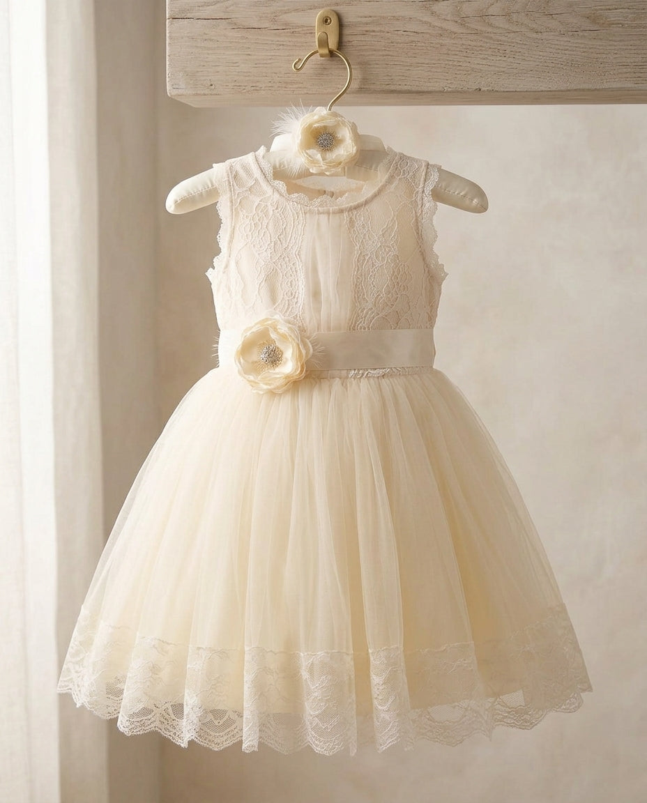 Baby Girl Birthday Dress, Champagne Christening Dress