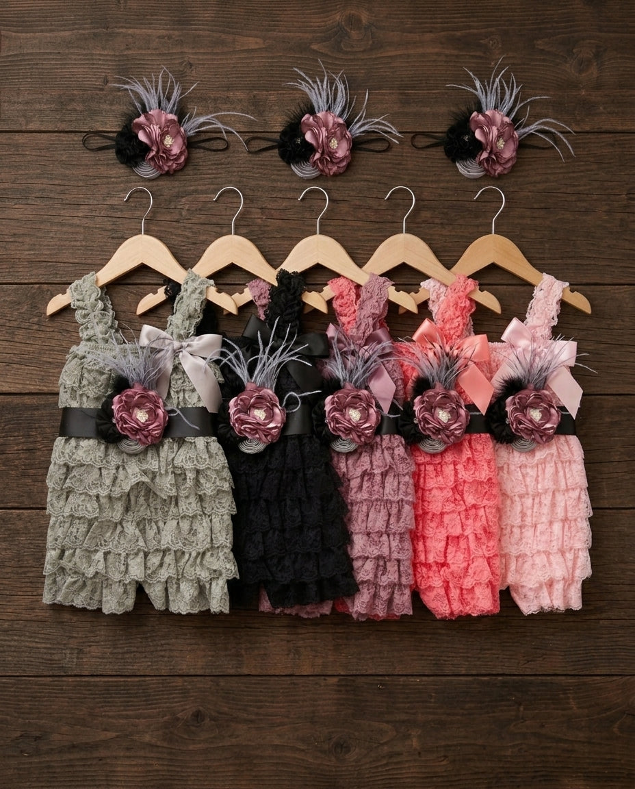 Smoky Gray Baby Lace Romper with Headband & Sash, Black Baby Lace Romper