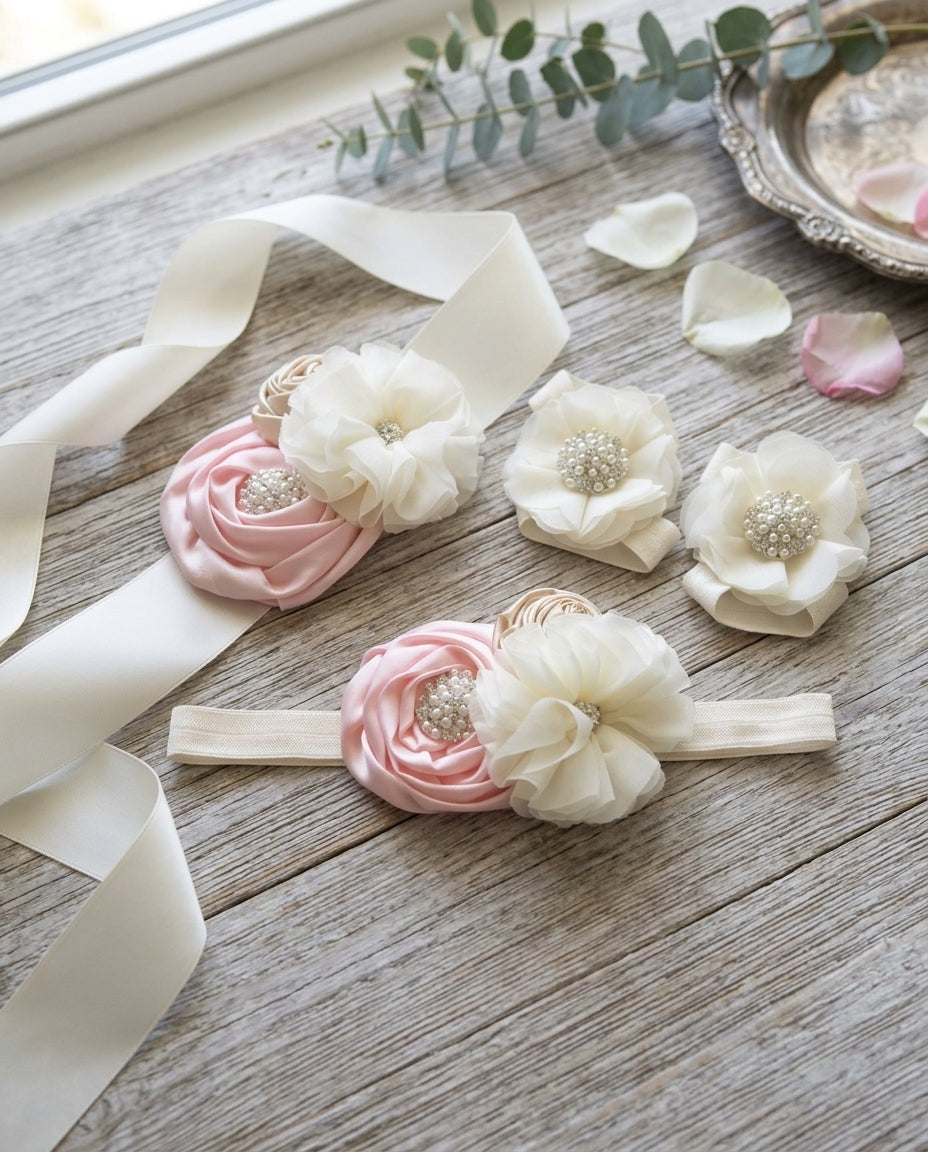 Baby Girl Blush and Ivory Baptism Headband, Sash, and Barefoot Sandals