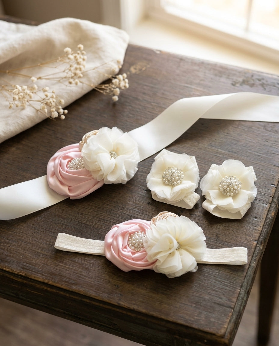 Baby Girl Blush and Ivory Baptism Headband, Sash, and Barefoot Sandals