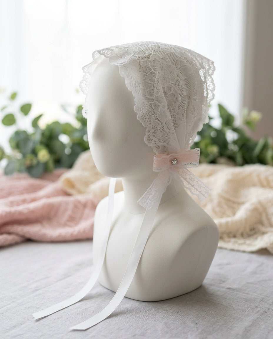 Baby Girl Floral Lace Baptism Bonnet with Bows