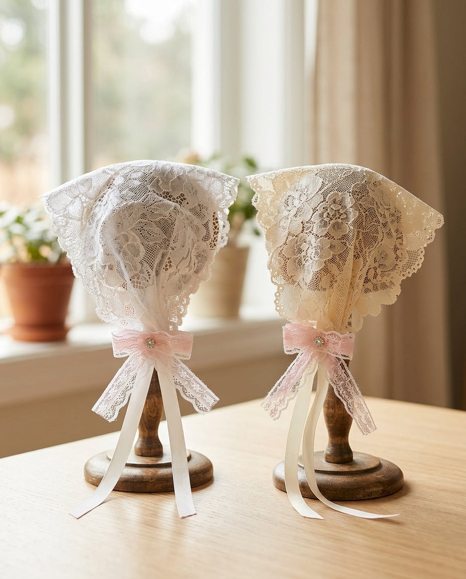 Baby Girl Floral Lace Baptism Bonnet with Bows