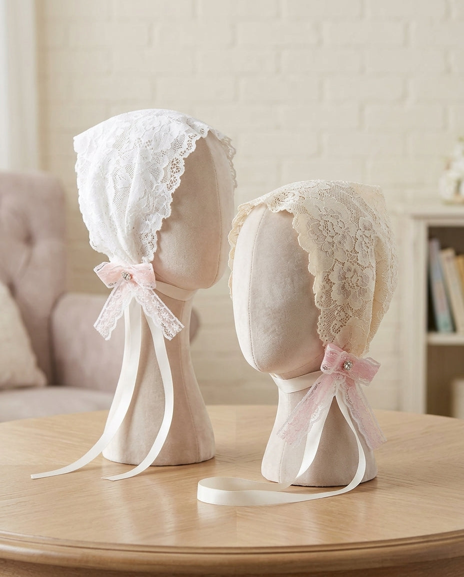 Baby Girl Floral Lace Baptism Bonnet with Bows