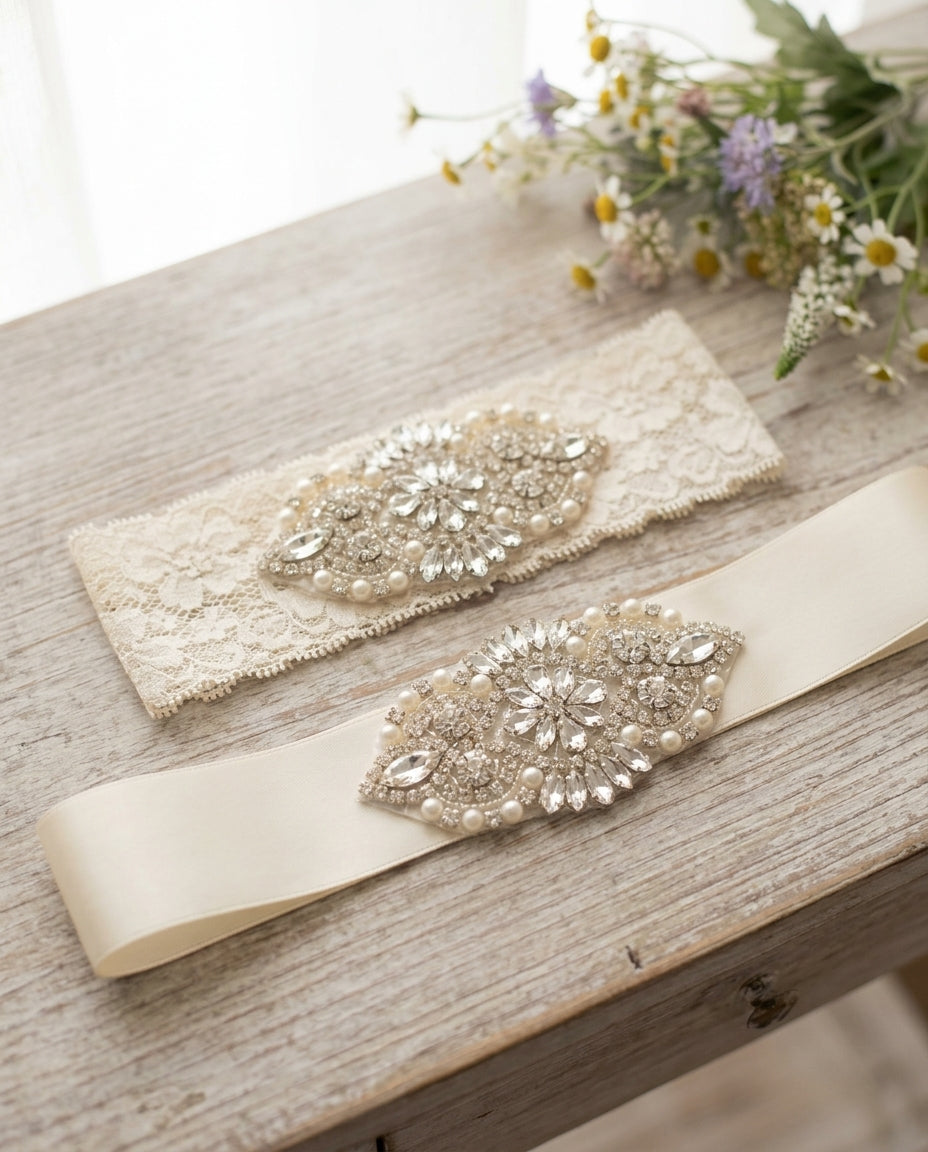 Baby Girl French White Baptism Rhinestone and Pearl Headband & Sash