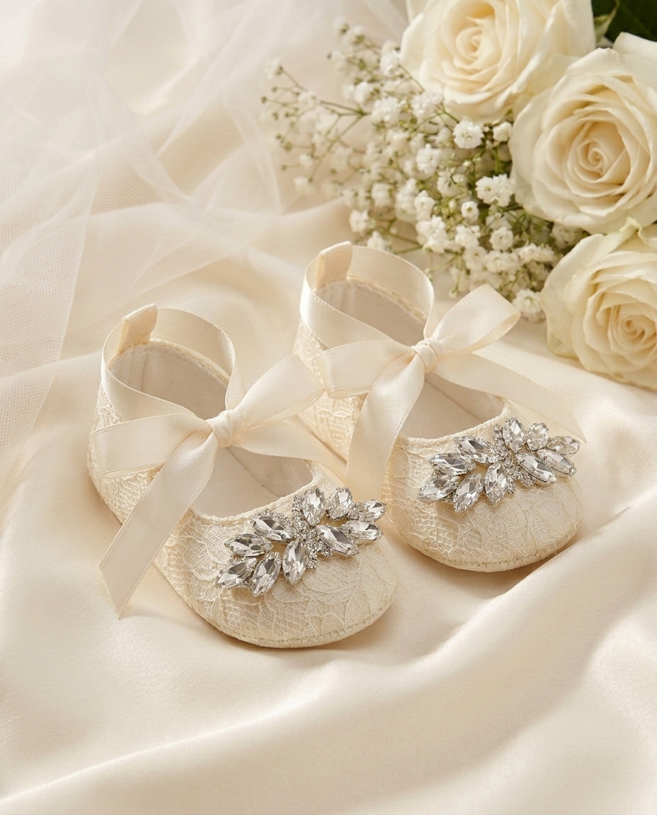 Baby Girl French White Christening Lace Shoes with Rhinestones