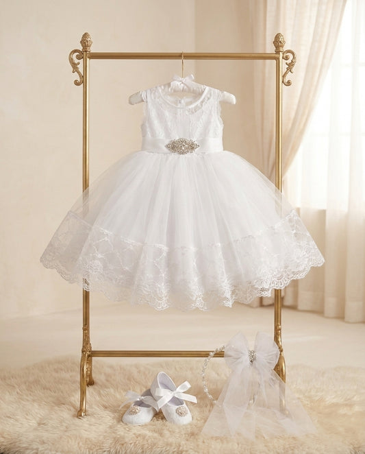 Baby Girl French White Baptism Dress with Rhinestones Headband & Sash