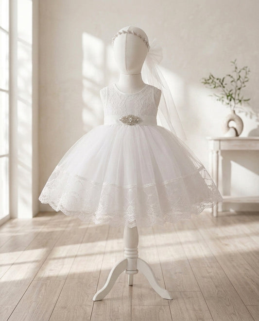 Baby Girl French White Baptism Dress with Rhinestones Headband & Sash
