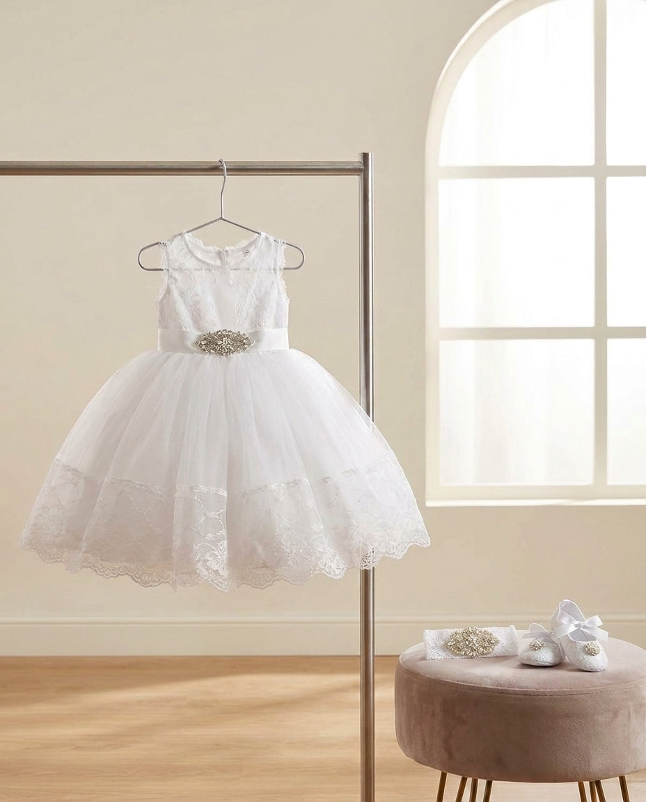 Baby Girl French White Baptism Dress with Rhinestones Headband & Sash